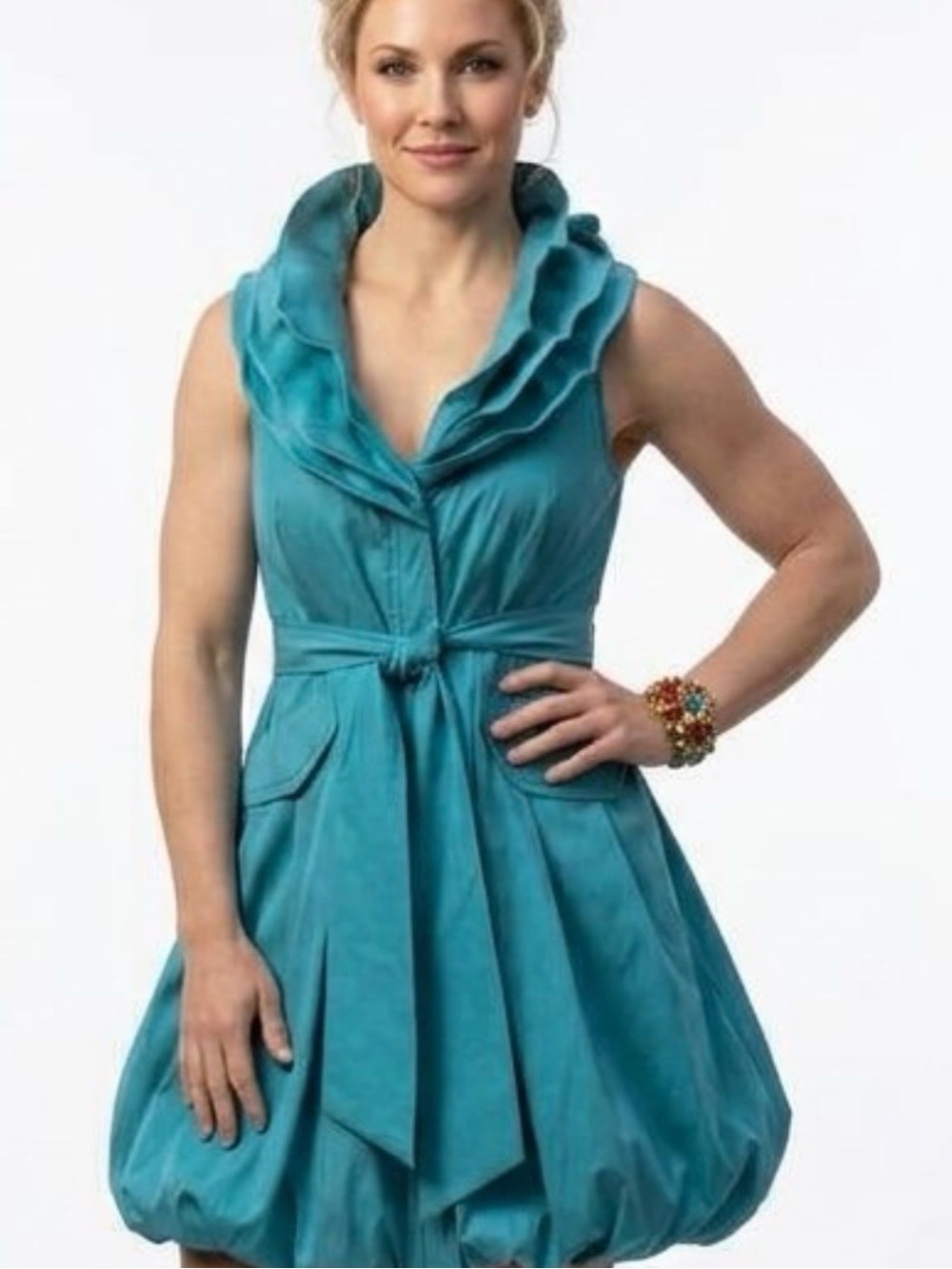 Samuel Dong Classic Bubble Dress S16150 Teal Turquoise Wired Ruffle Collar XXL